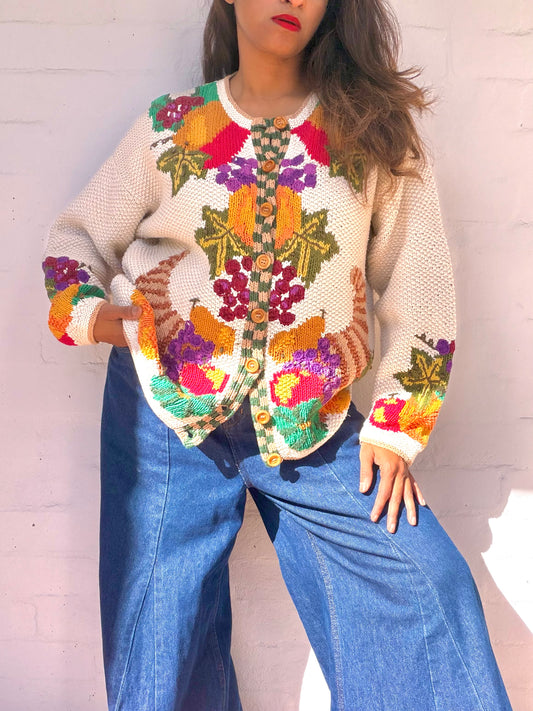 Rare Vintage Fruit Basket Print Cardigan - Hand Woven