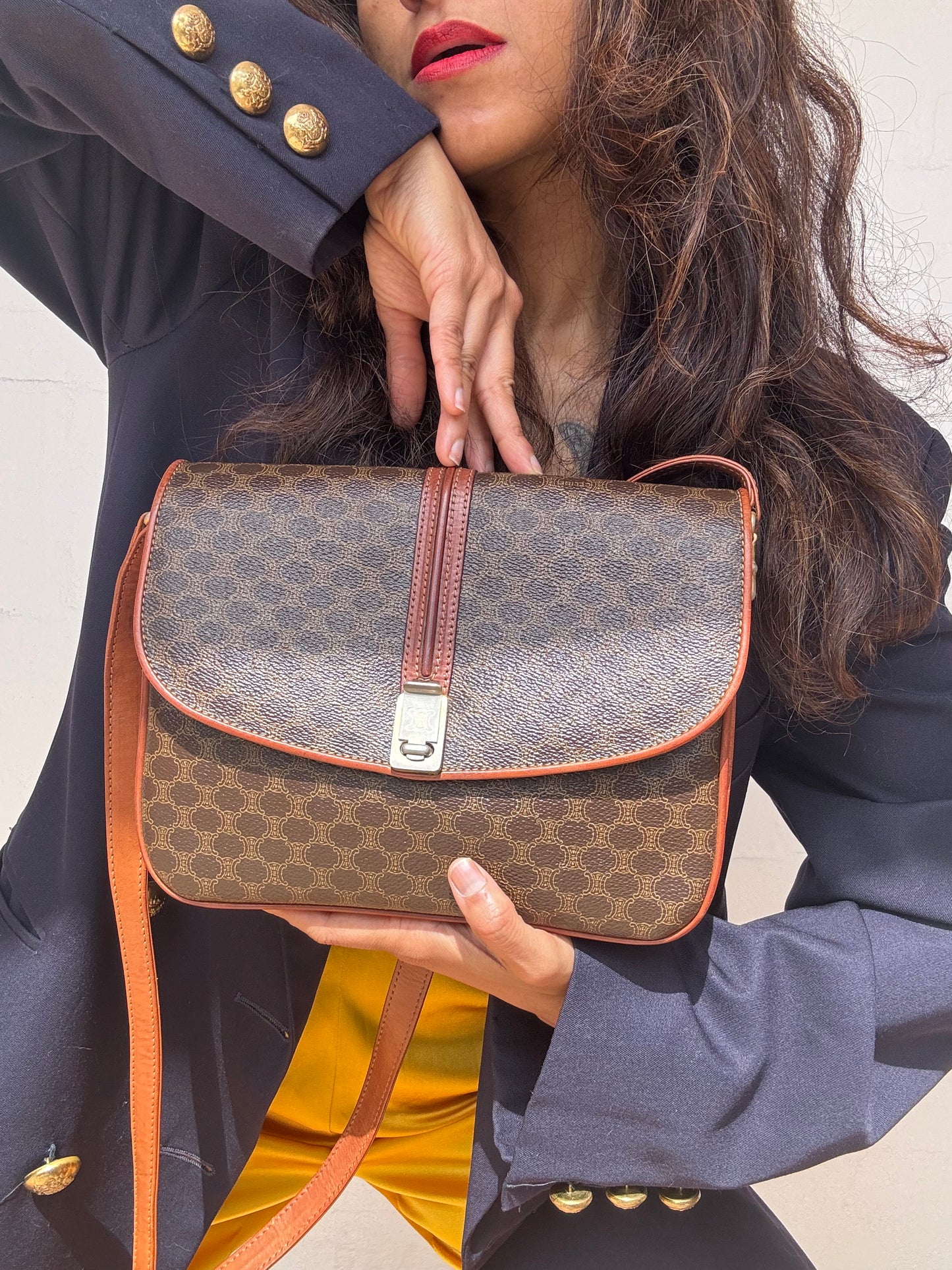 Authentic Vintage Celine Brown Macadam Canvas Shoulder Bag