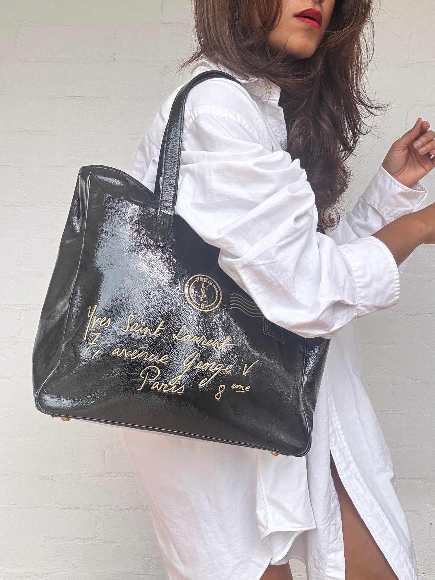 Saint Laurent Textured Patent Large Y-Mail Tote Black