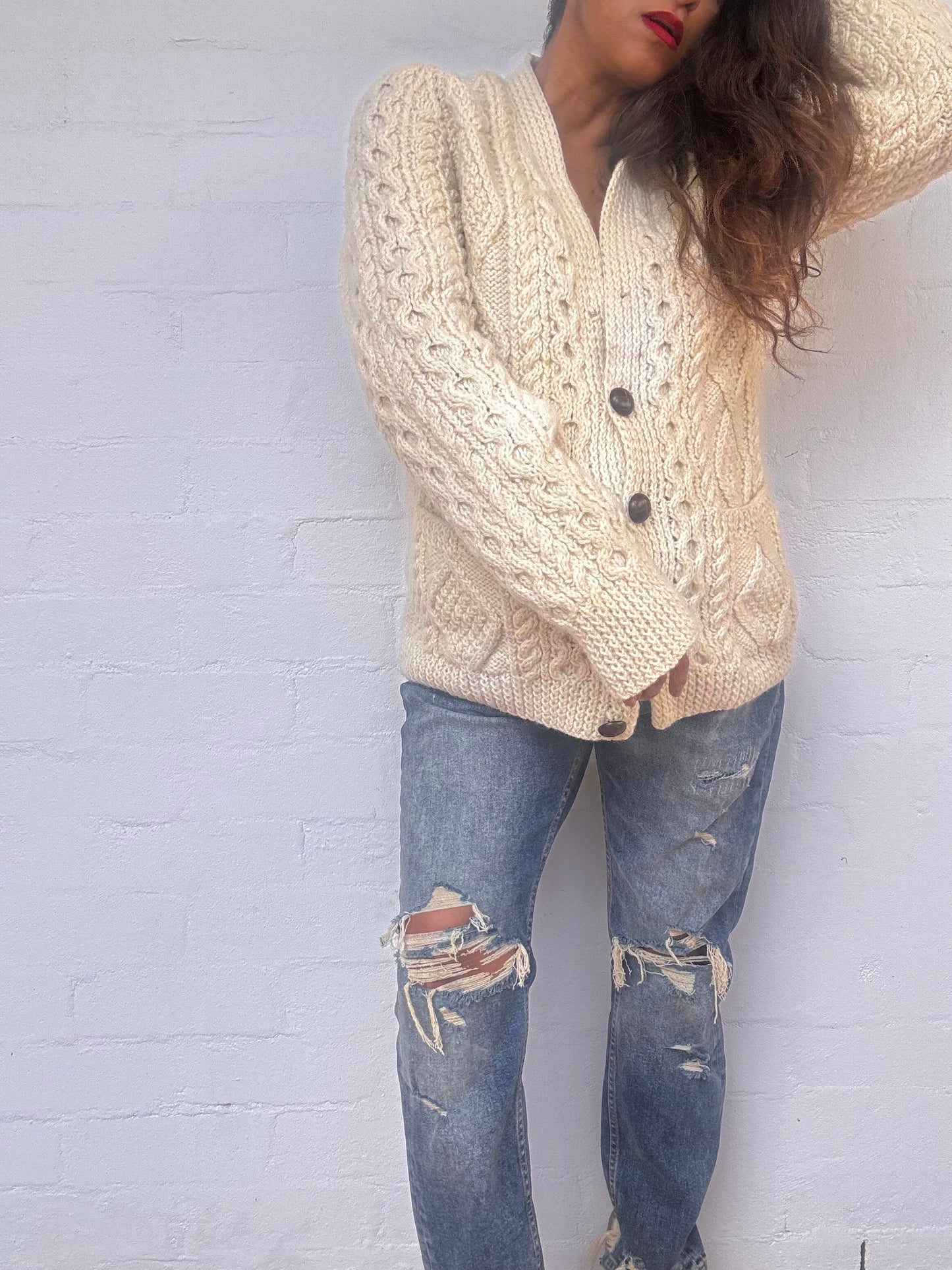 Vintage Irish Aran Knit Cardigan - Cream