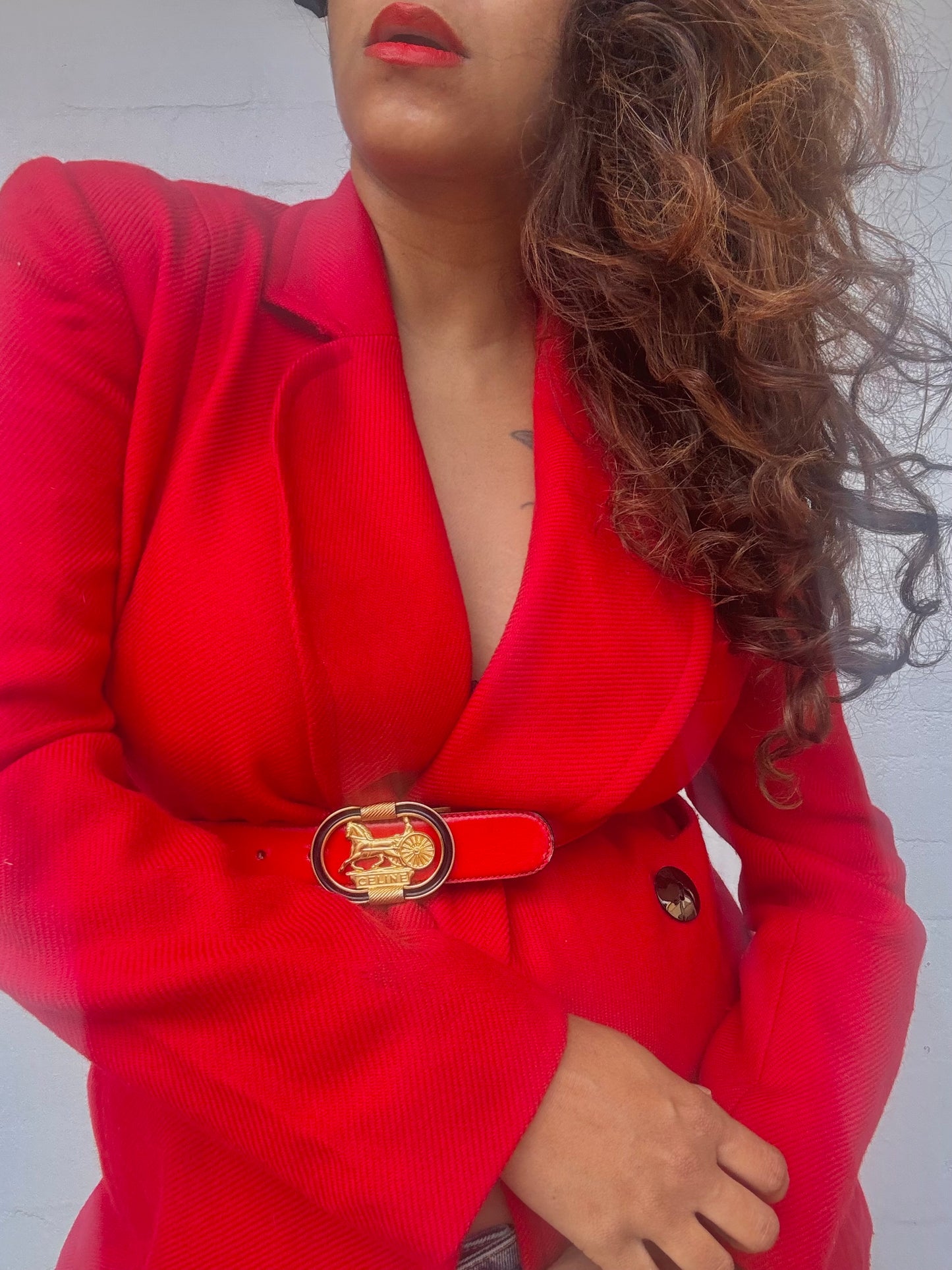 CELINE Leather Belt with Horse Carriage Buckle - Red
