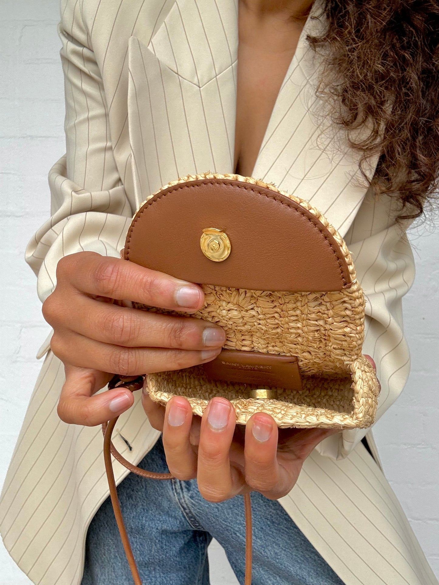 Authentic Saint Laurent Cassandre Raffia Cross-Body Bag