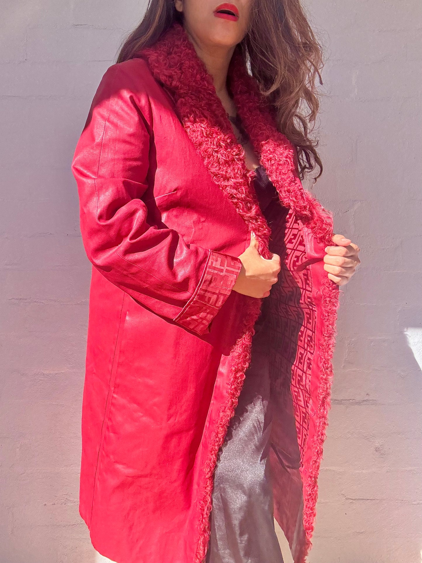 Vintage FENDI Fully lined Zucca Pattern Fur Collar Long Coat