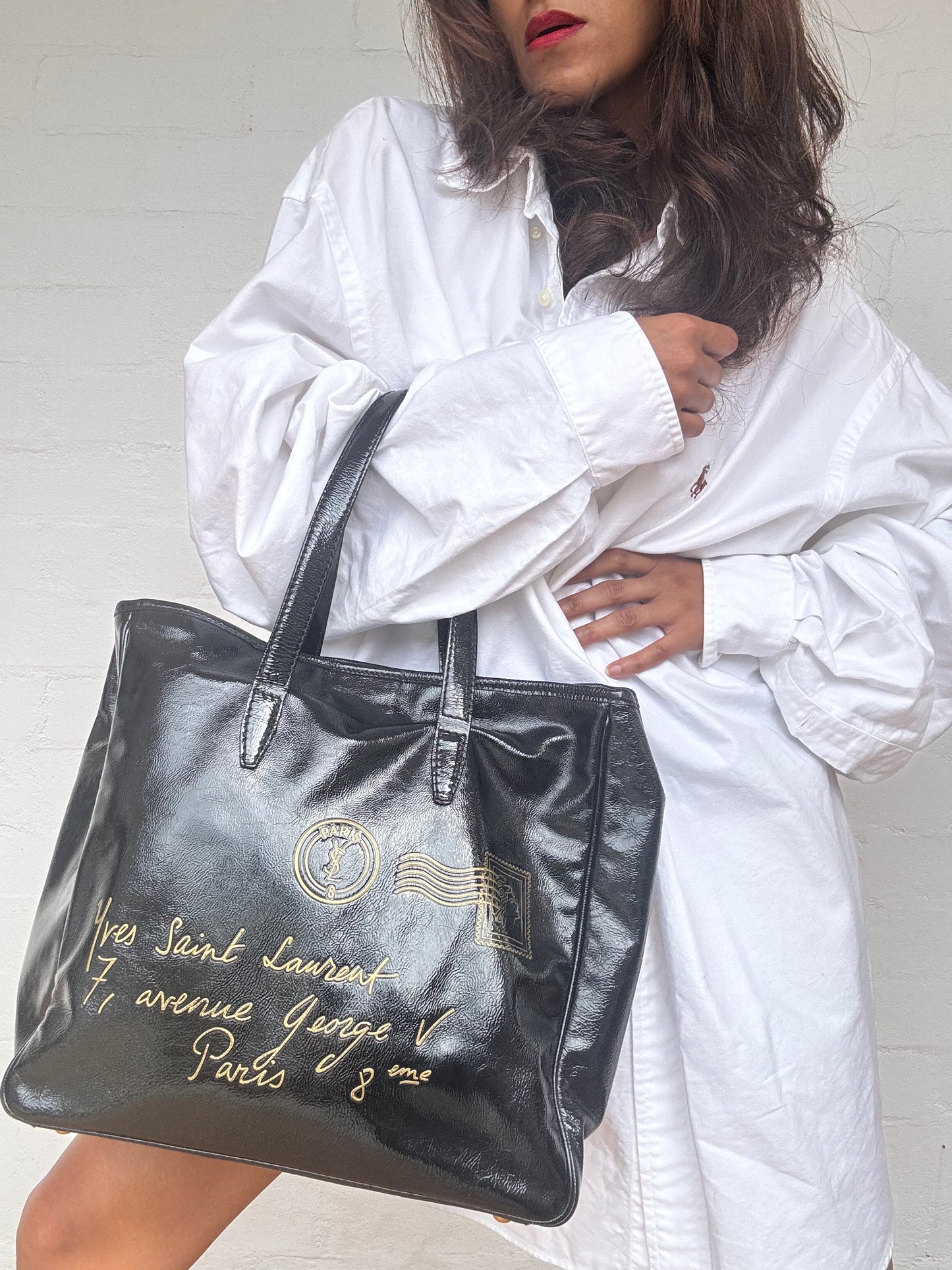 Saint Laurent Textured Patent Large Y-Mail Tote Black