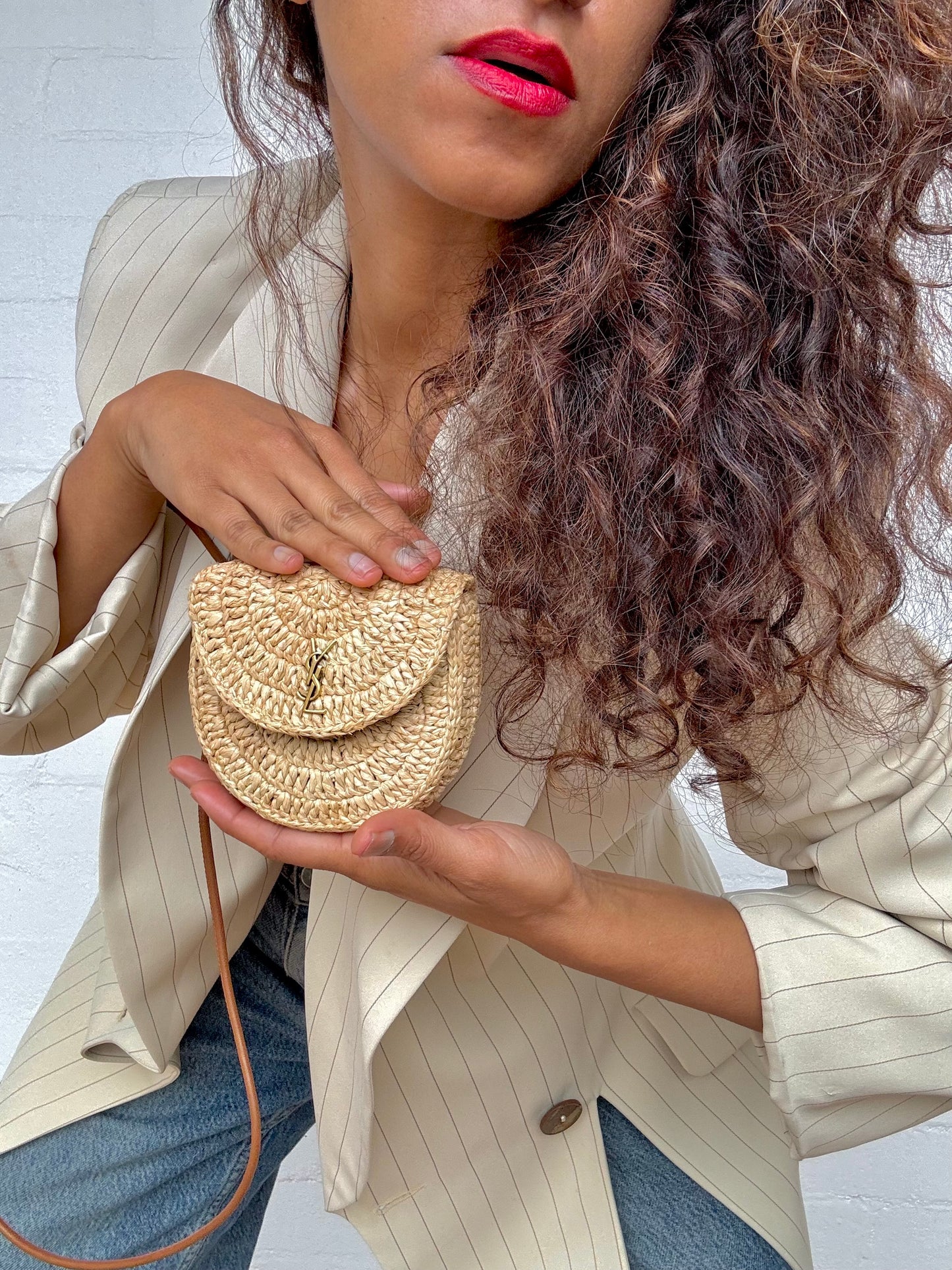 Authentic Saint Laurent Cassandre Raffia Cross-Body Bag