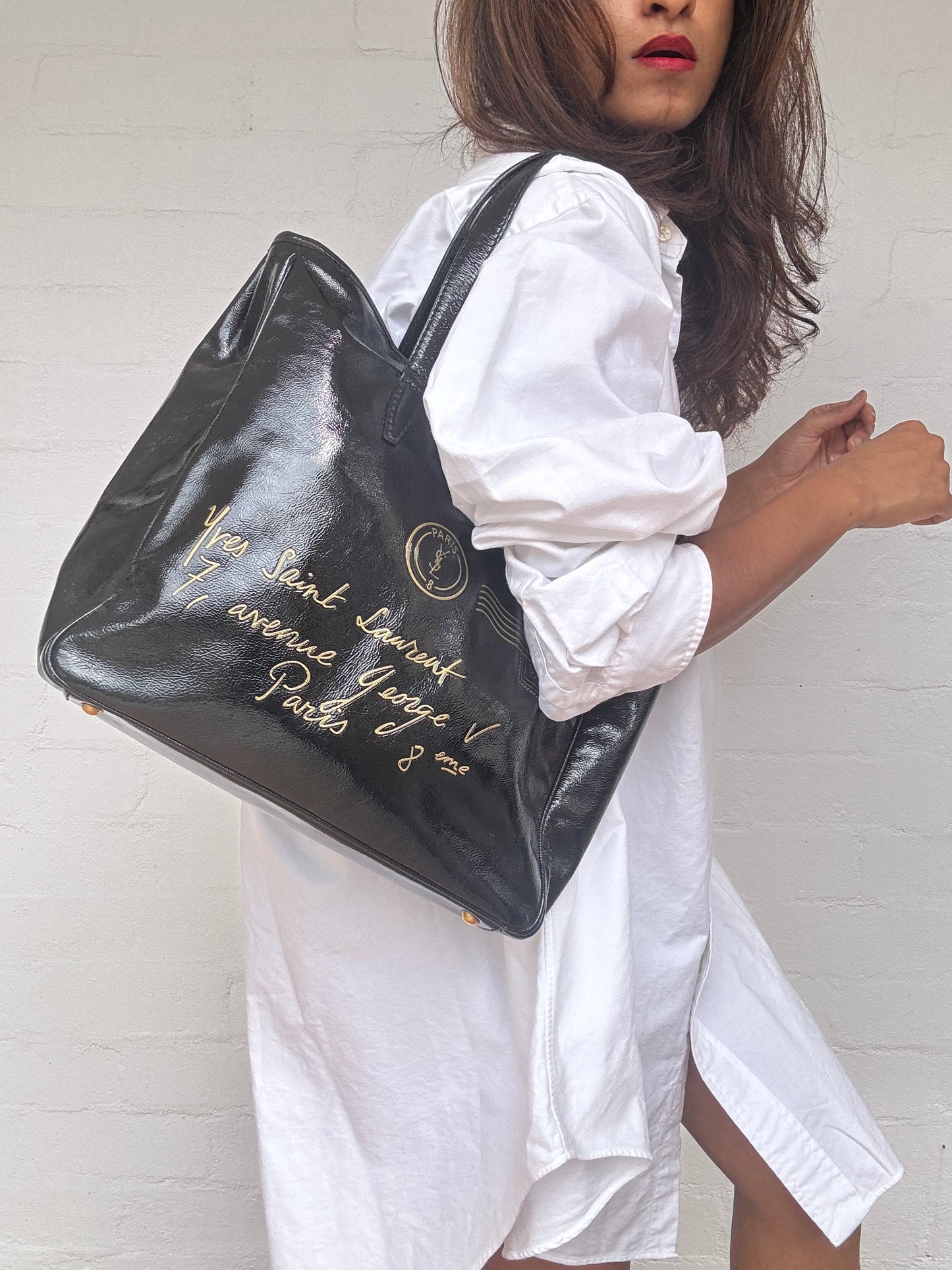 Saint Laurent Textured Patent Large Y-Mail Tote Black