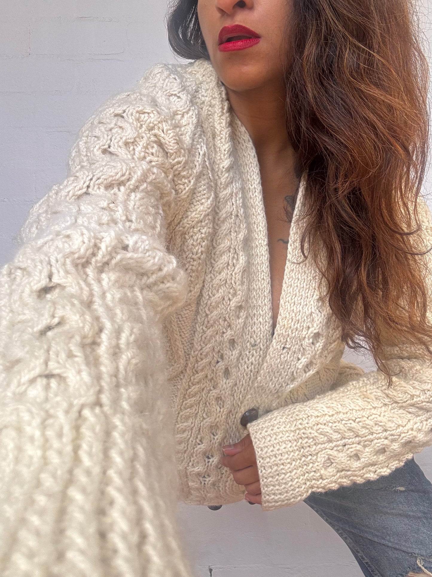 Vintage Irish Aran Knit Cardigan - Cream