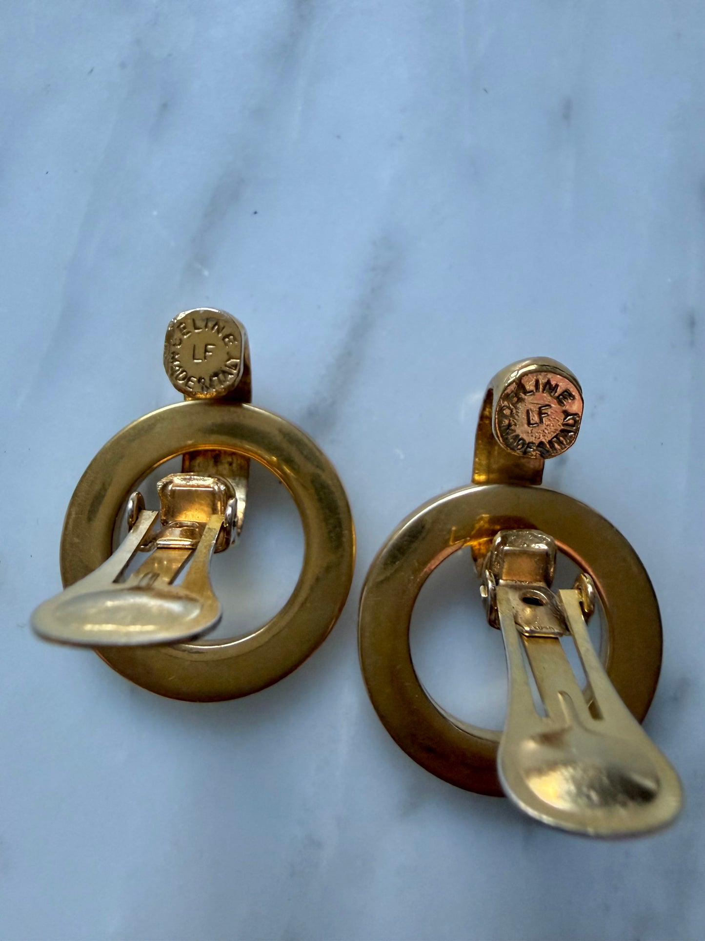 Vintage Celine Gold Engraved Circle Motif Earrings - Large