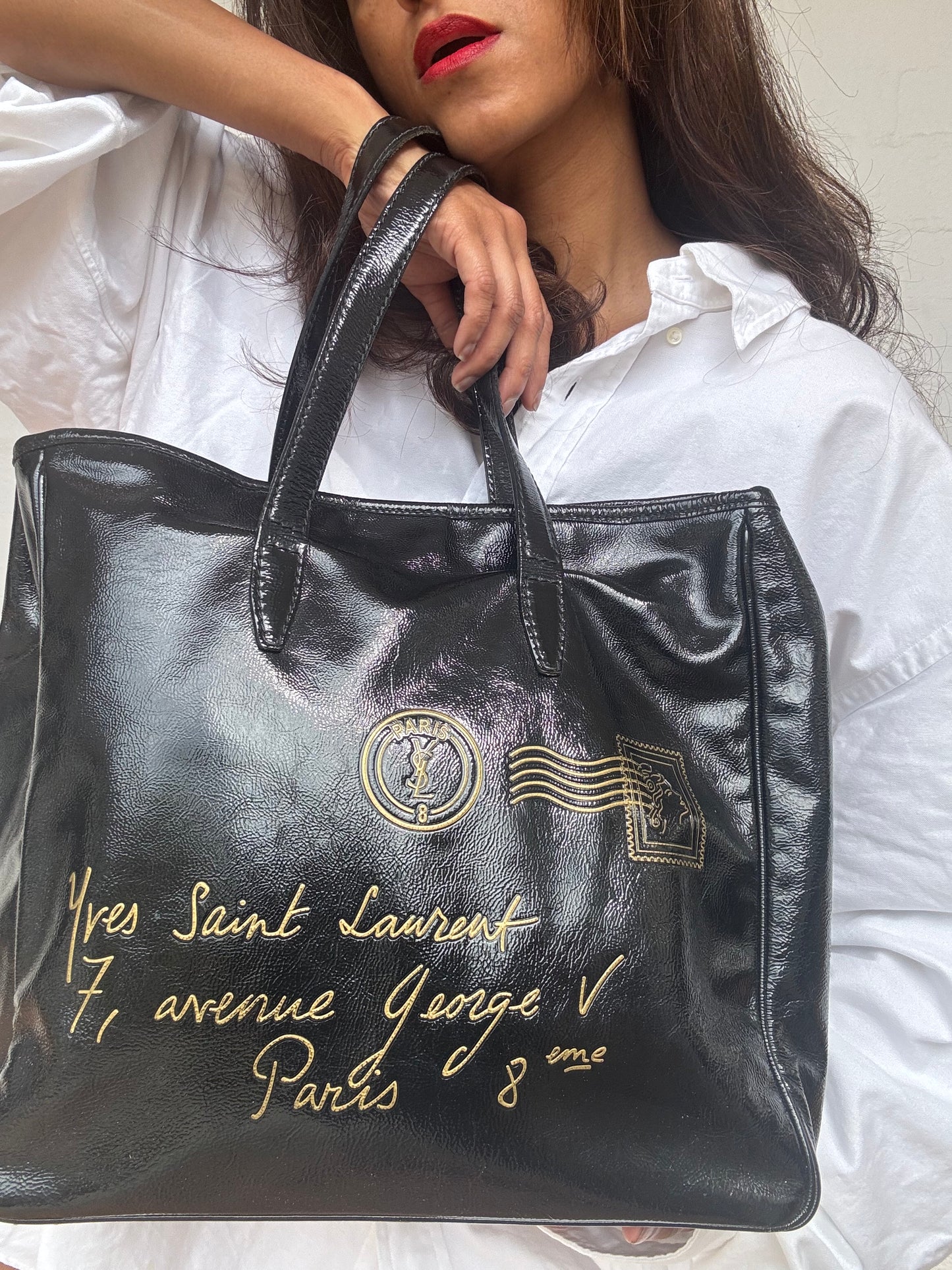 Saint Laurent Textured Patent Large Y-Mail Tote Black