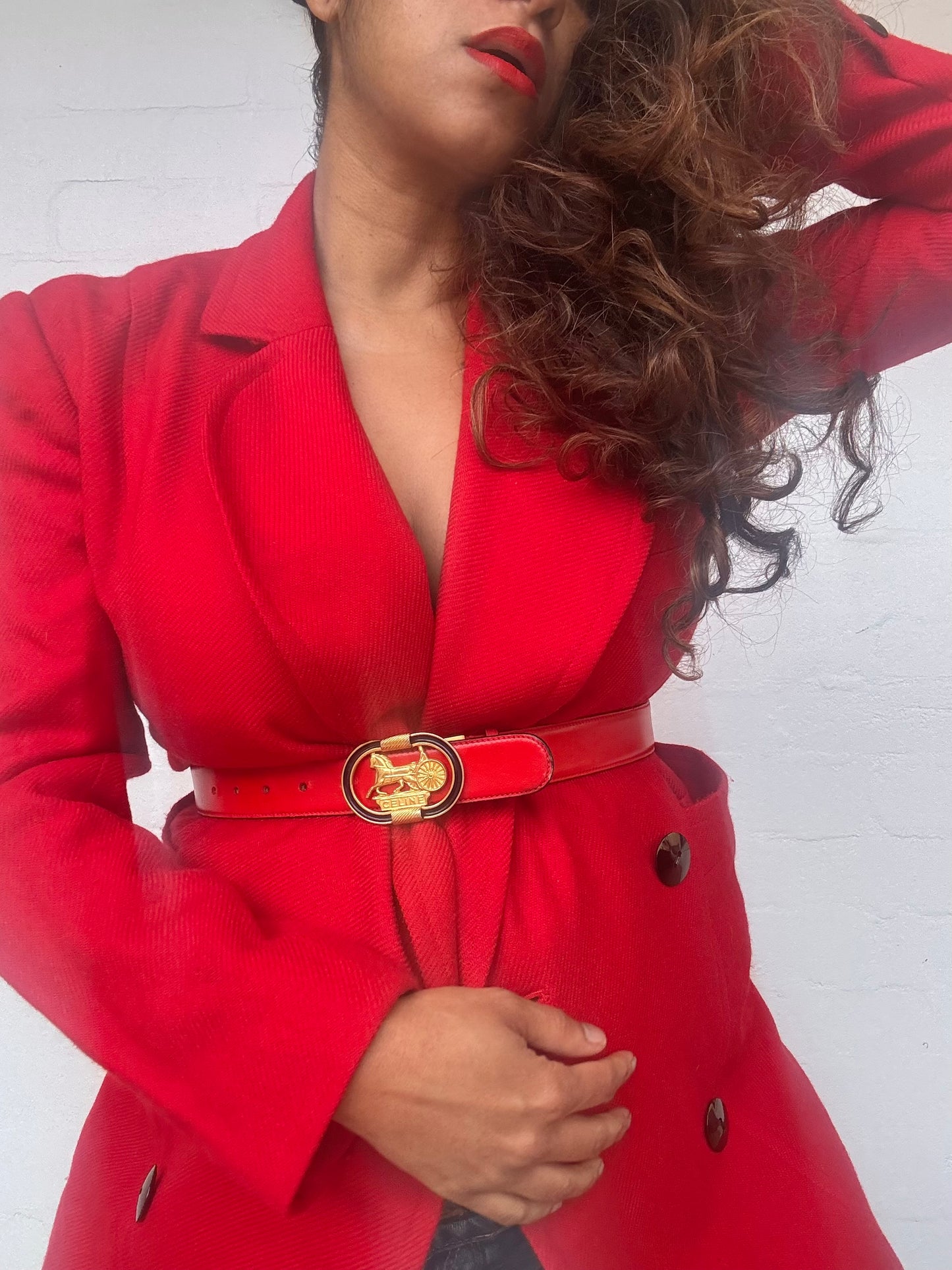 CELINE Leather Belt with Horse Carriage Buckle - Red