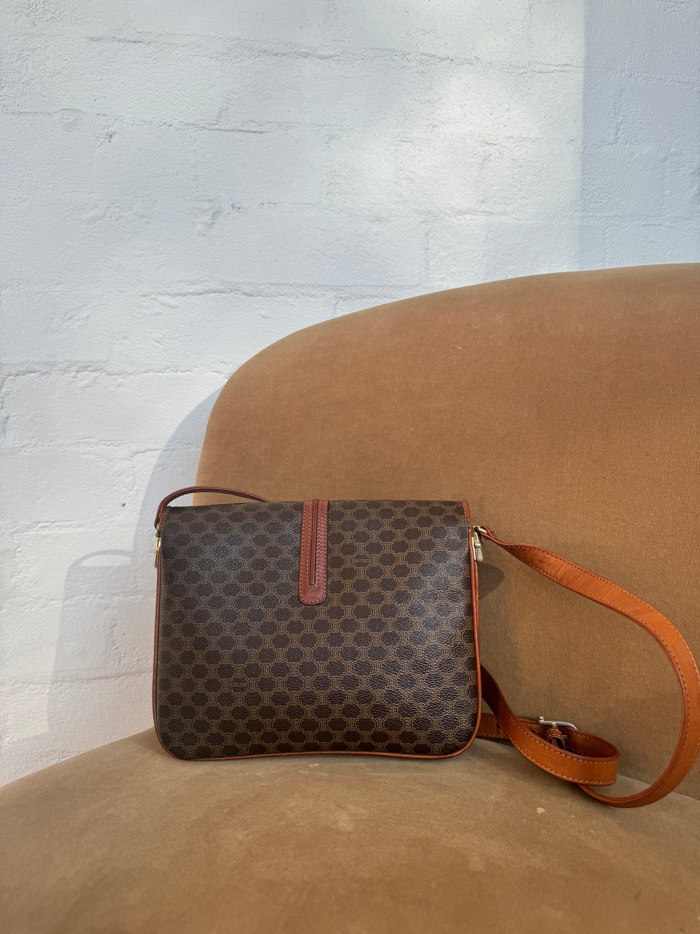 Authentic Vintage Celine Brown Macadam Canvas Shoulder Bag