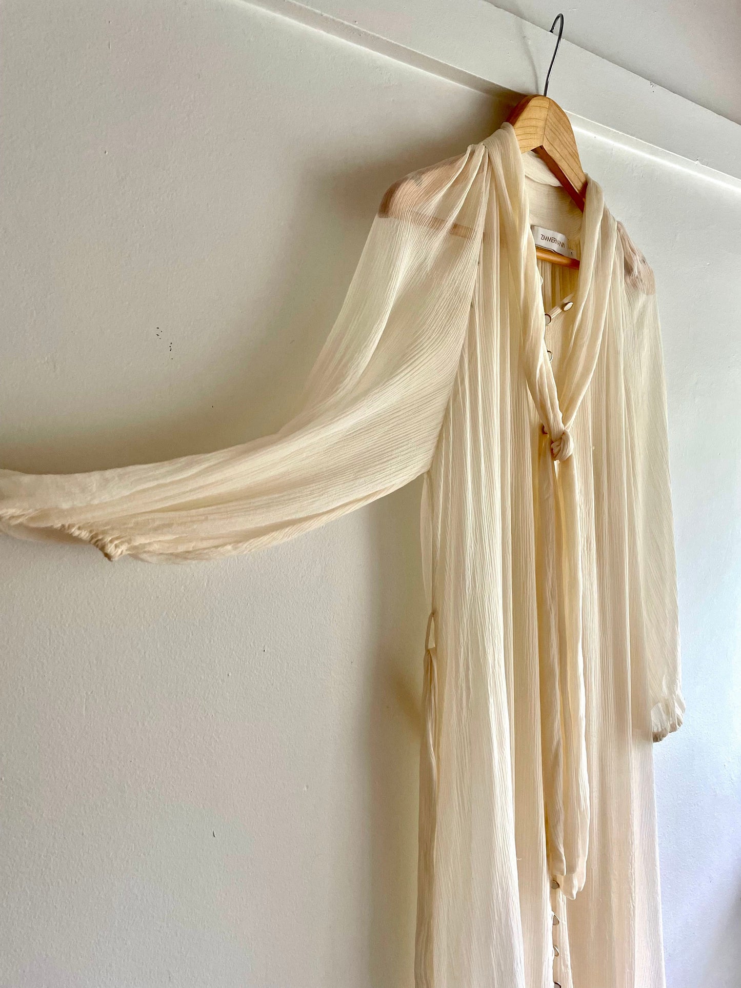 Zimmerman Espionage Neck Tie Silk Belted Sheer Ruffle Midi Dress