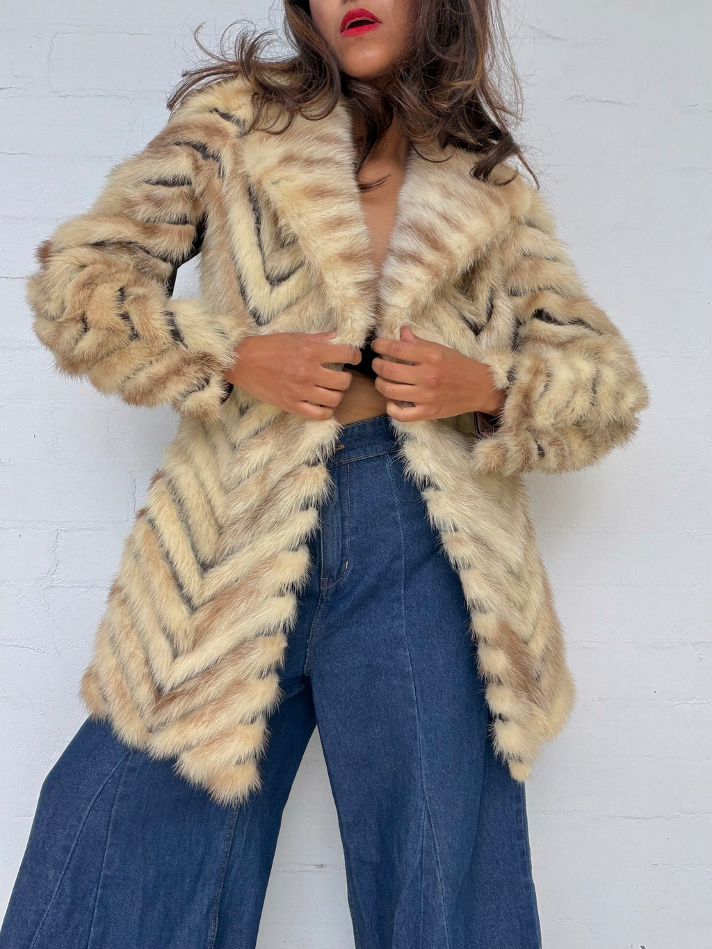 Rare Vintage Mink & Leather Herringbone Fur Coat - Cream & Chocolate