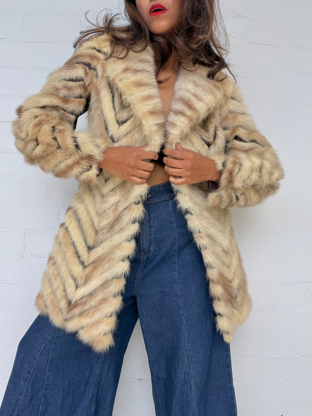 Rare Vintage Mink & Leather Herringbone Fur Coat - Cream & Chocolate