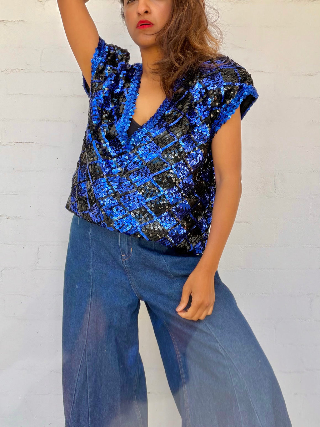 Vintage Sequin Diamond Top - Cobalt & Black