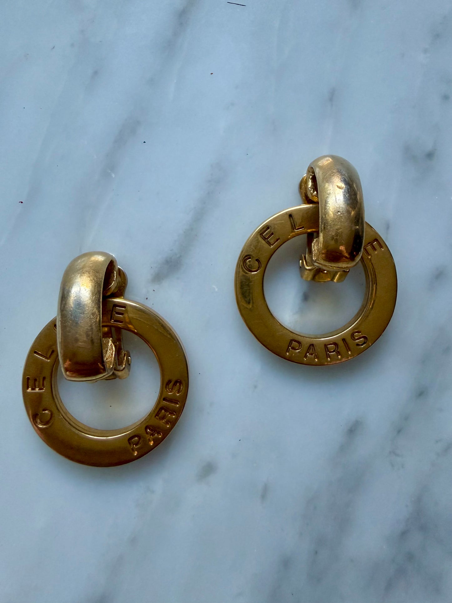 Vintage Celine Gold Engraved Circle Motif Earrings - Large