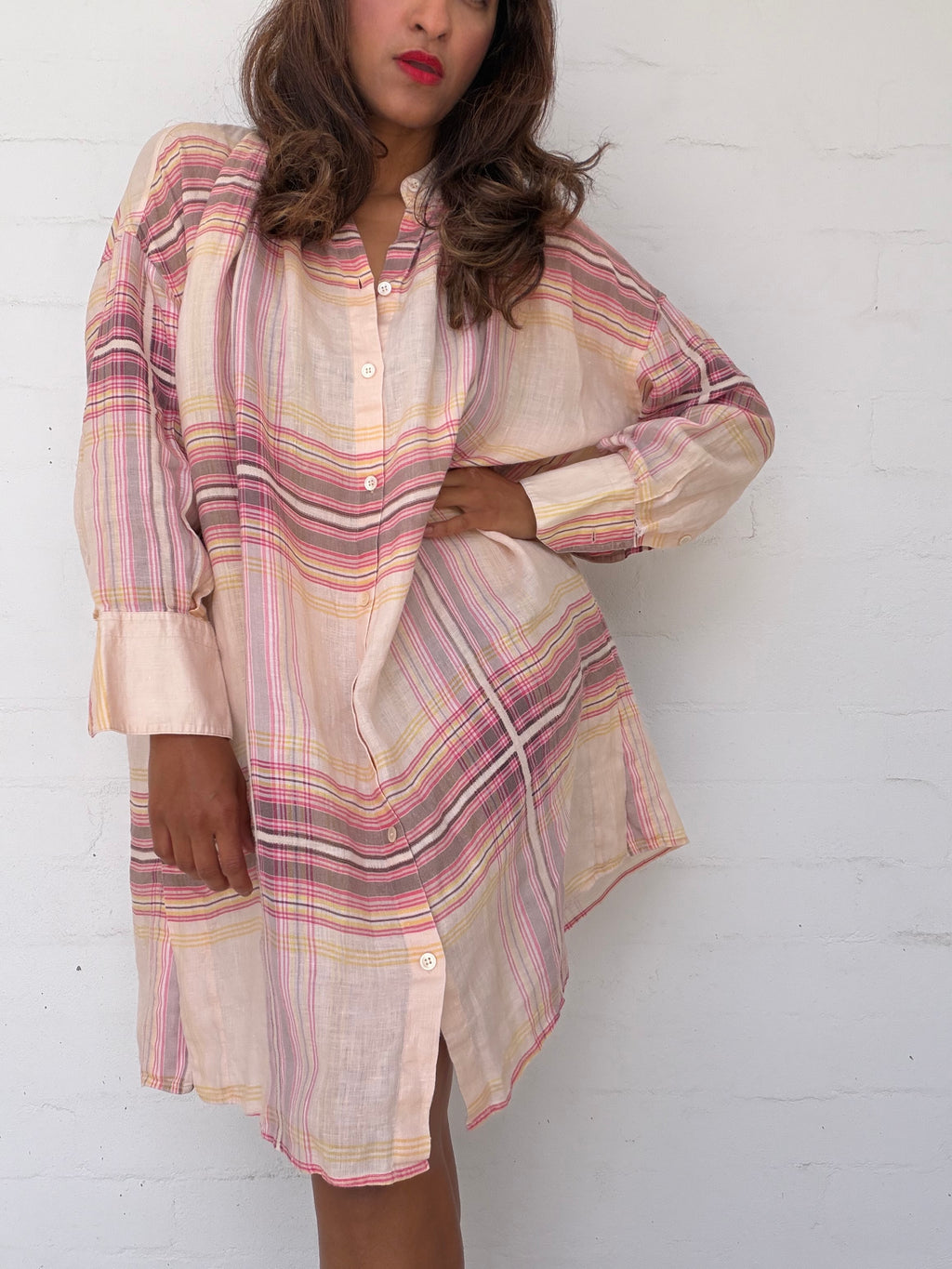 Oroton Linen Check Shirt Dress - Pink