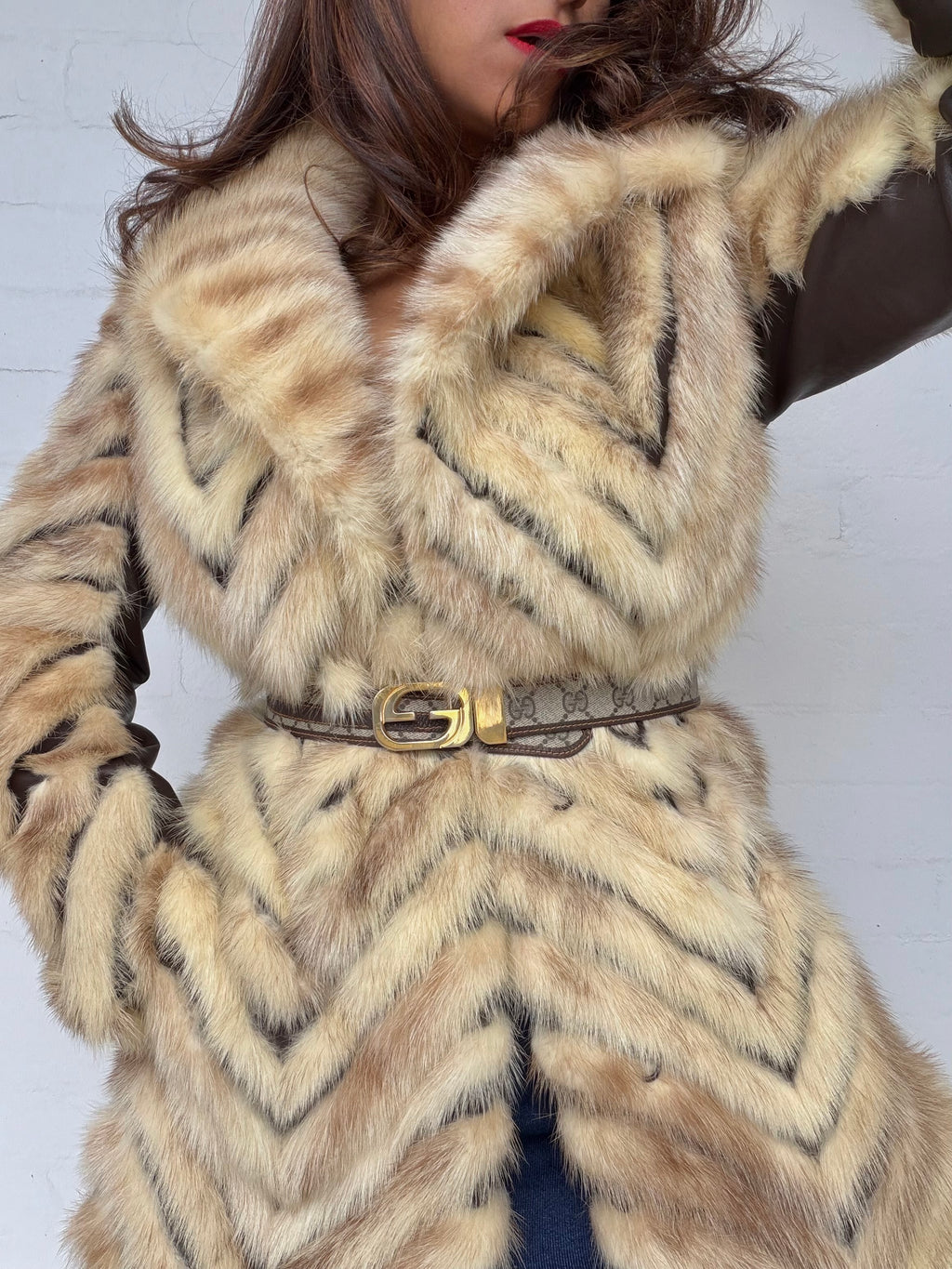 Rare Vintage Mink & Leather Herringbone Fur Coat - Cream & Chocolate