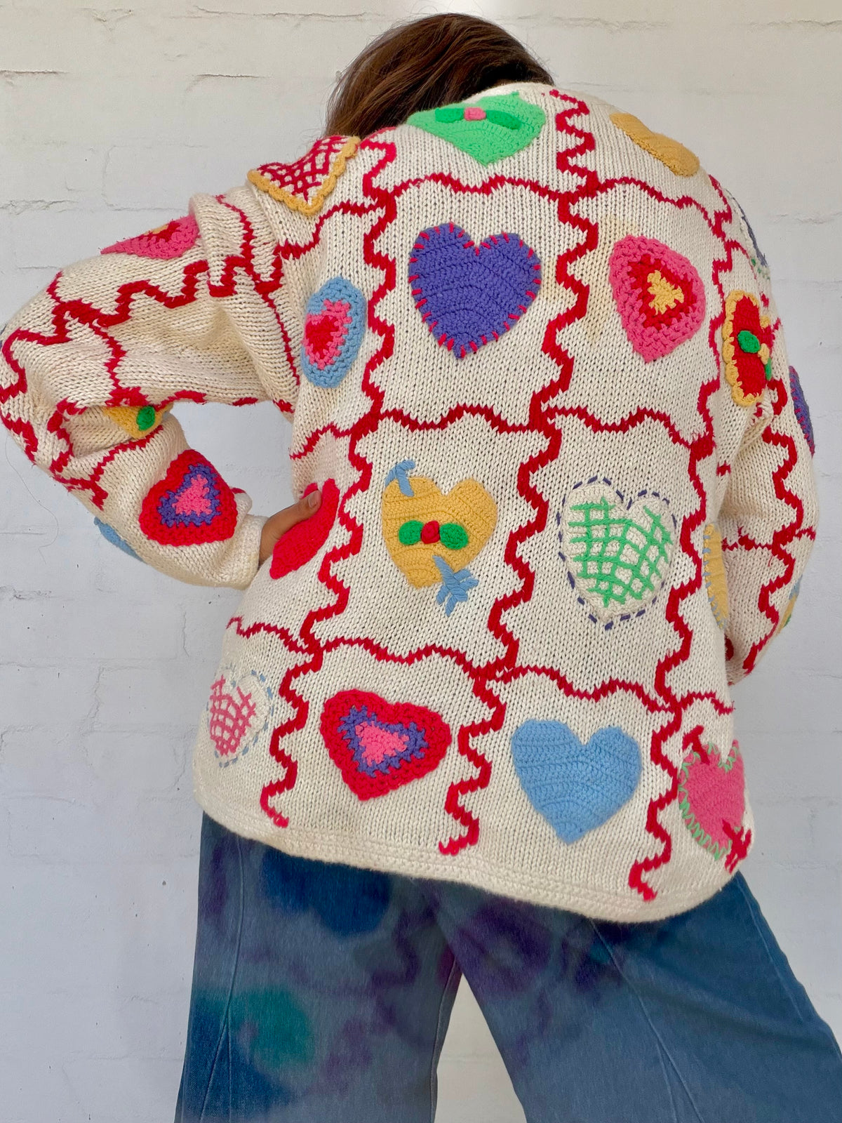 Vintage Hand-Knit Crochet Heart Cardigan
