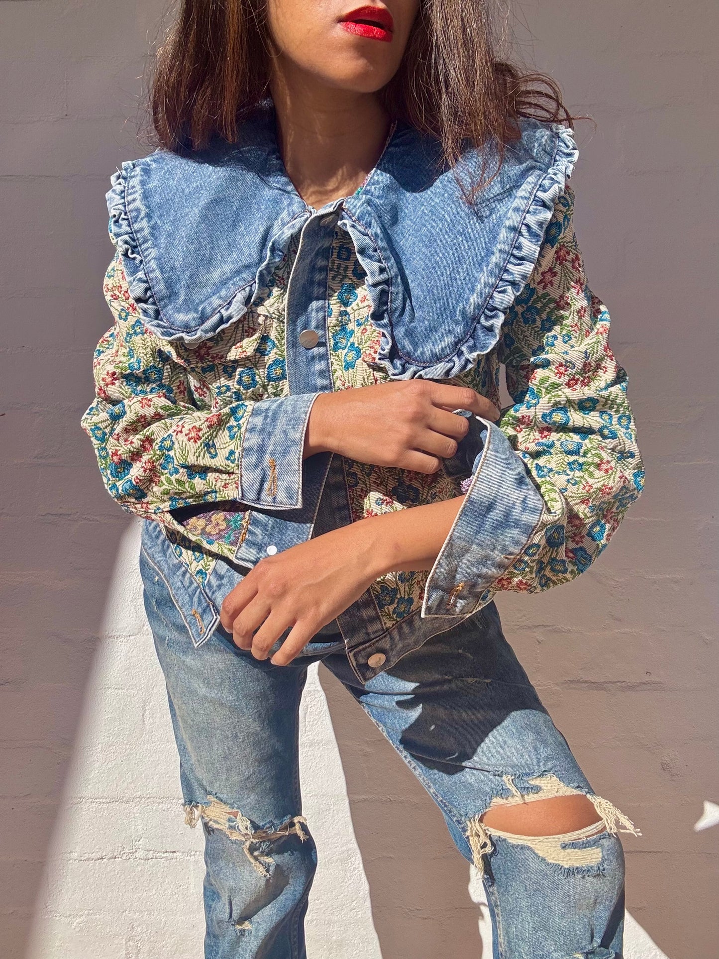 Denim Jacket with Tapestry Style Detailing