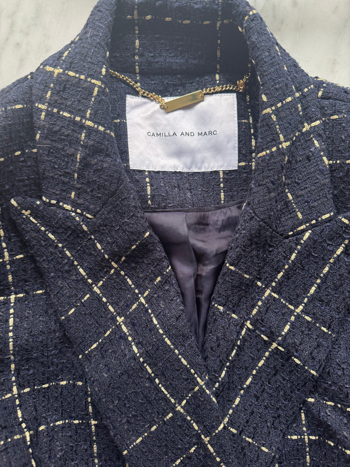 Camilla and Marc - Dominique Blazer Navy & Gold Check, Brand New with Tags