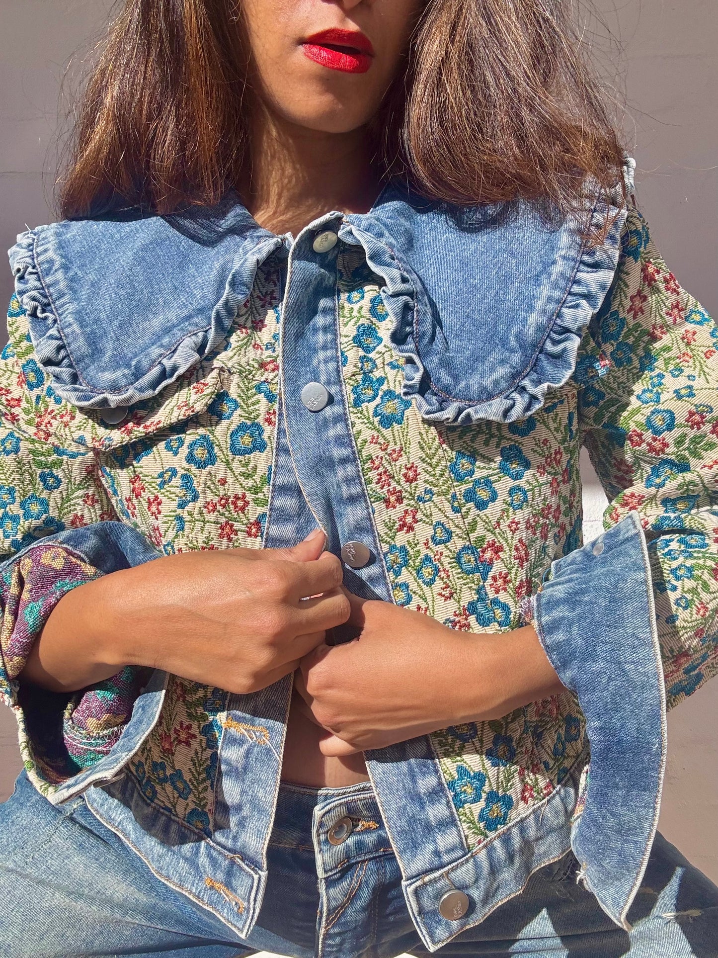 Denim Jacket with Tapestry Style Detailing
