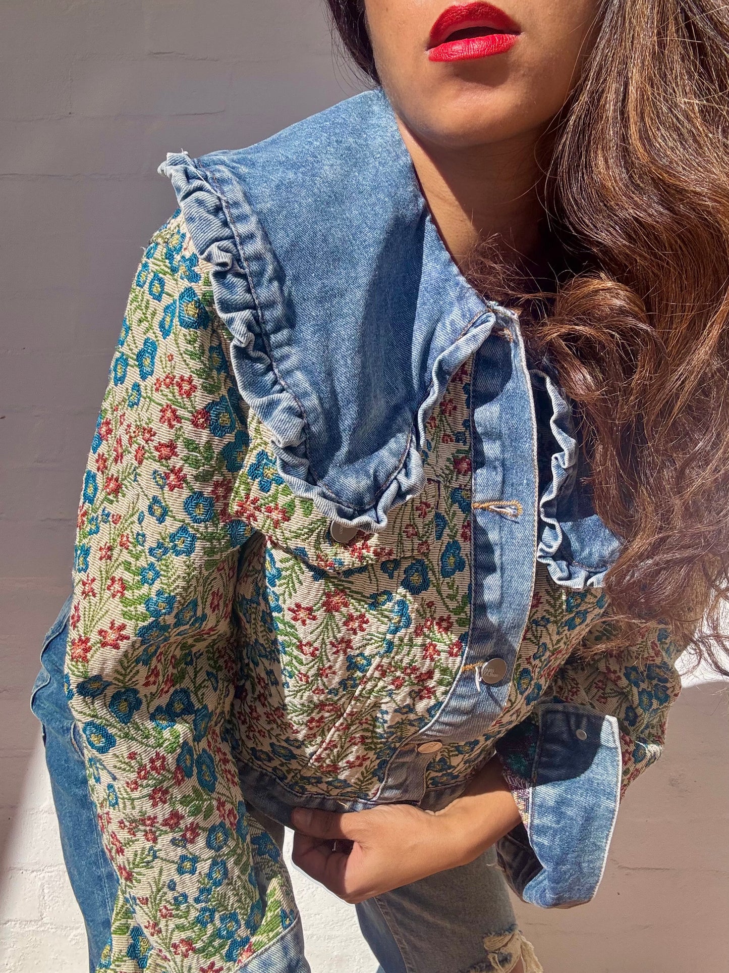 Denim Jacket with Tapestry Style Detailing
