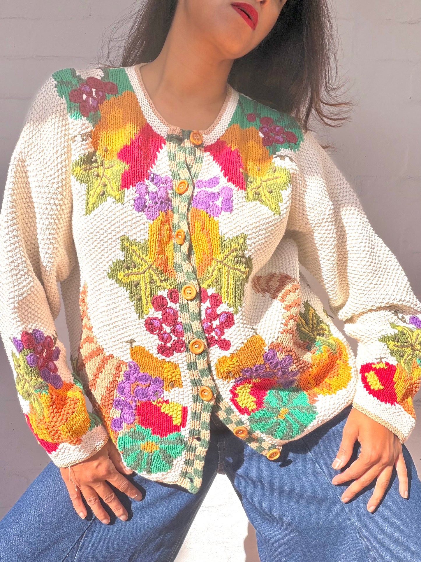 Rare Vintage Fruit Basket Print Cardigan - Hand Woven
