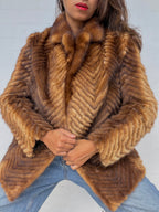 Vintage Mink Herringbone Fur Coat - Brown
