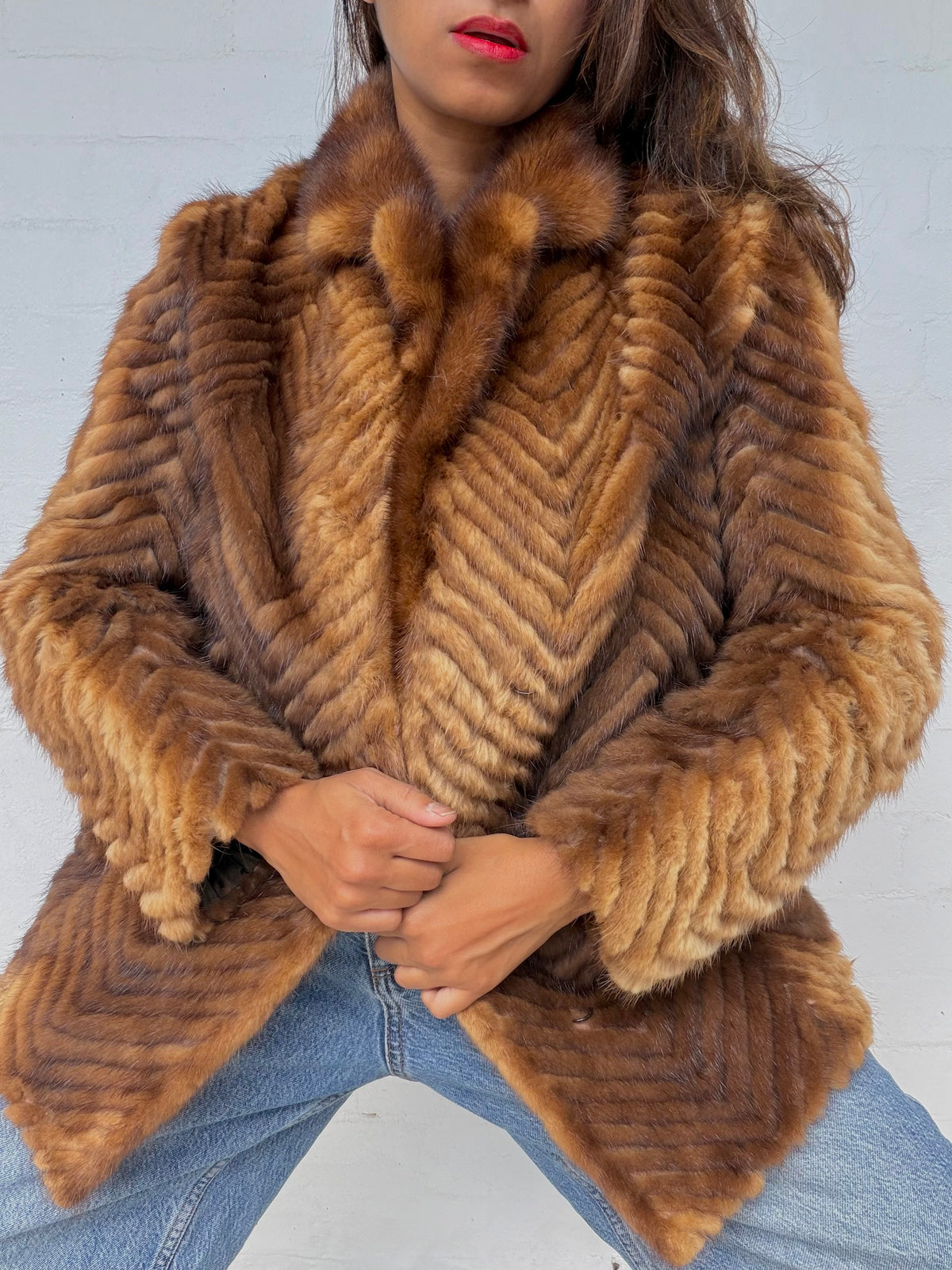 Vintage Mink Herringbone Fur Coat - Brown