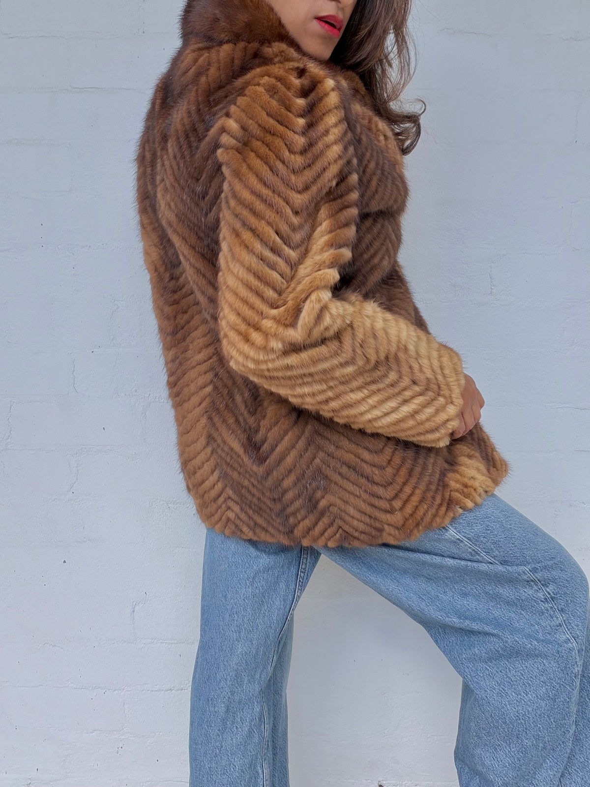 Vintage Mink Herringbone Fur Coat - Brown