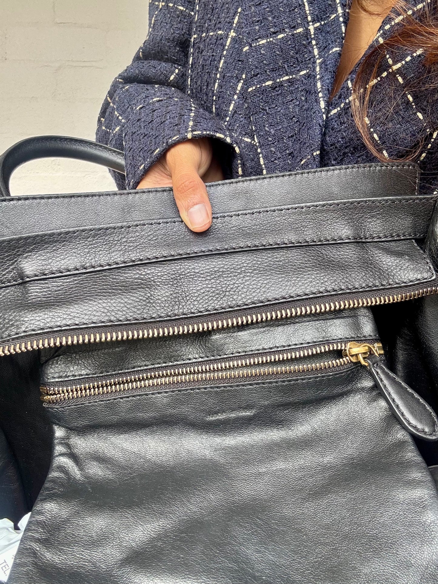 CELINE - Smooth Calfskin Tweed Tartan Medium Luggage Bag - Navy