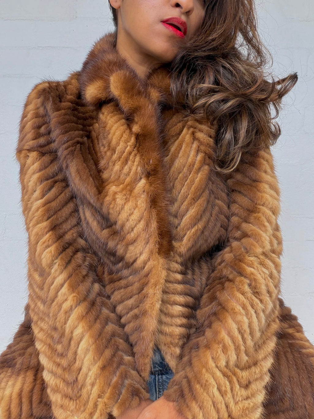 Vintage Mink Herringbone Fur Coat - Brown