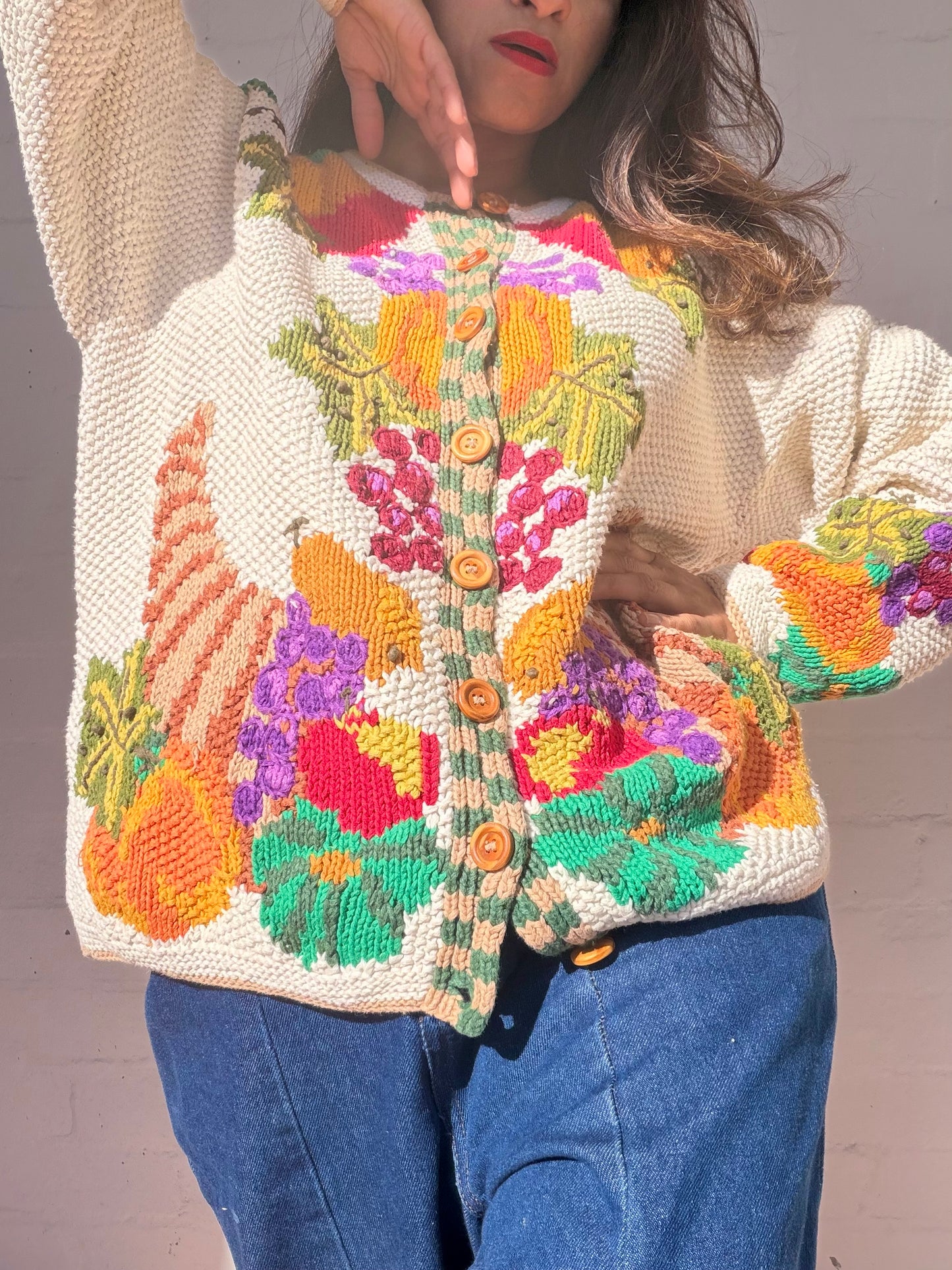 Rare Vintage Fruit Basket Print Cardigan - Hand Woven