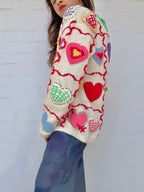 Vintage Hand-Knit Crochet Heart Cardigan