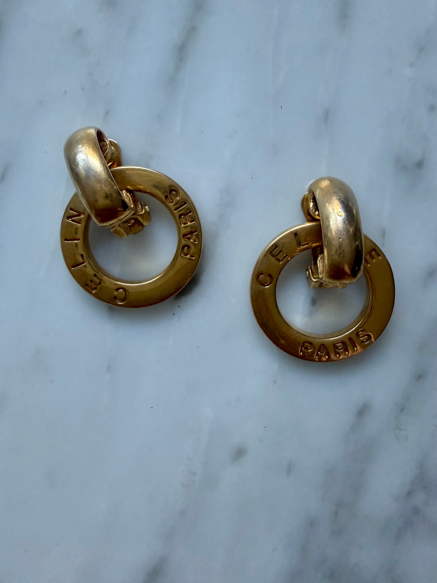 Vintage Celine Gold Engraved Circle Motif Earrings - Large