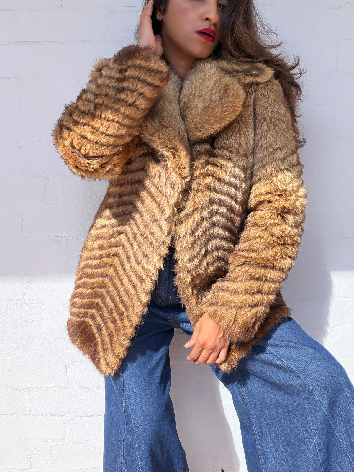 1970s Coyote Fur Vintage Coat - Chevron Pattern