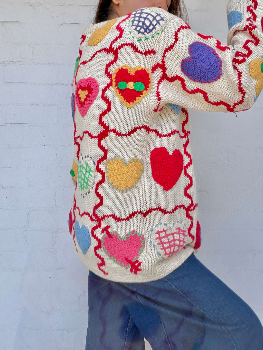 Vintage Hand-Knit Crochet Heart Cardigan