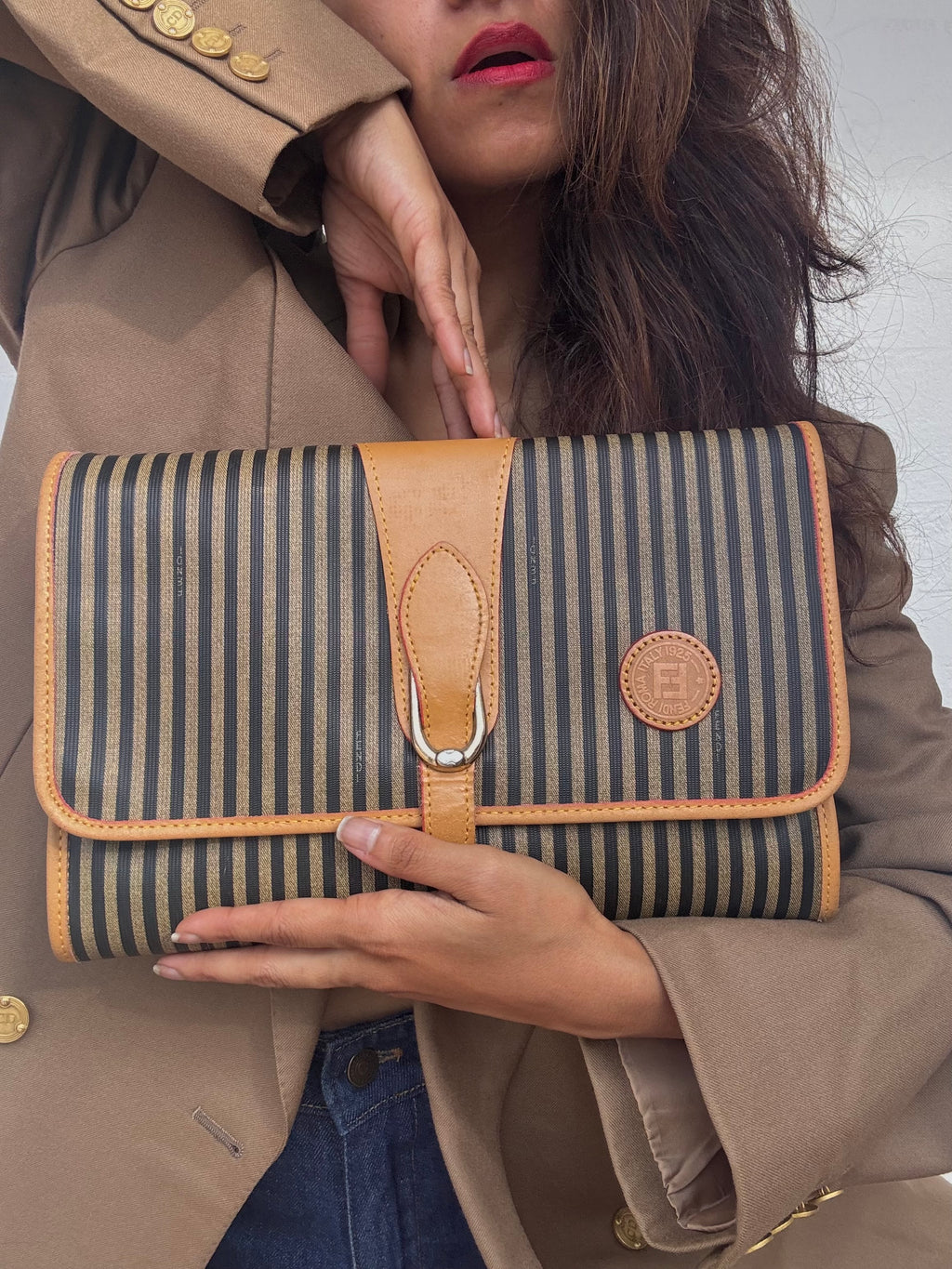 FENDI 70's Pequin Pattern Clutch & Clutch/Removable Crossbody Strap