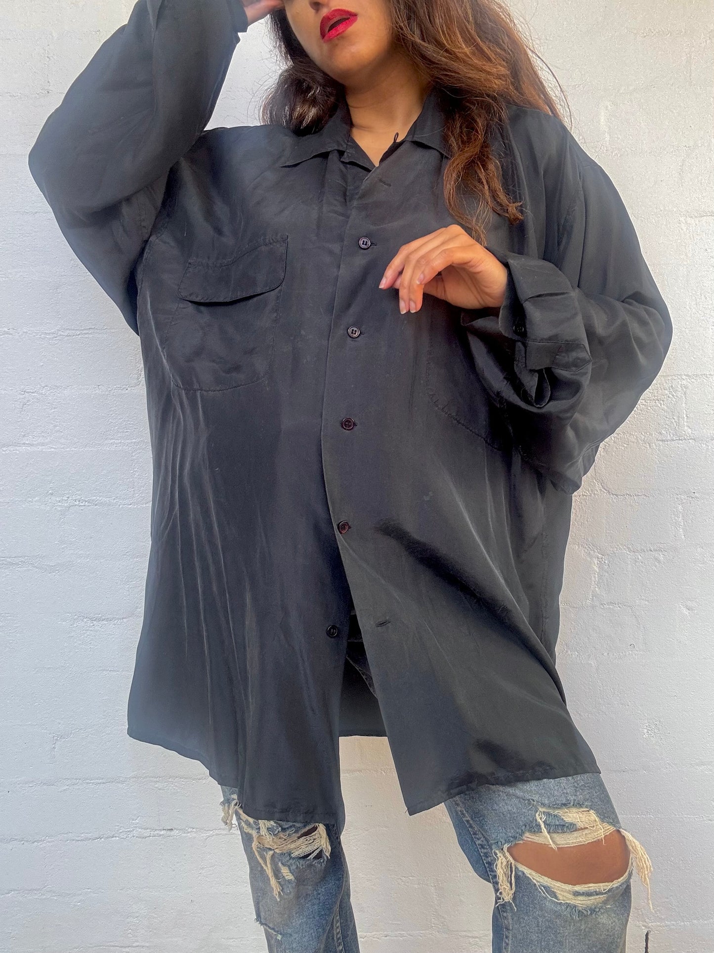 Vintage Black Silk Shirt - Featherlight