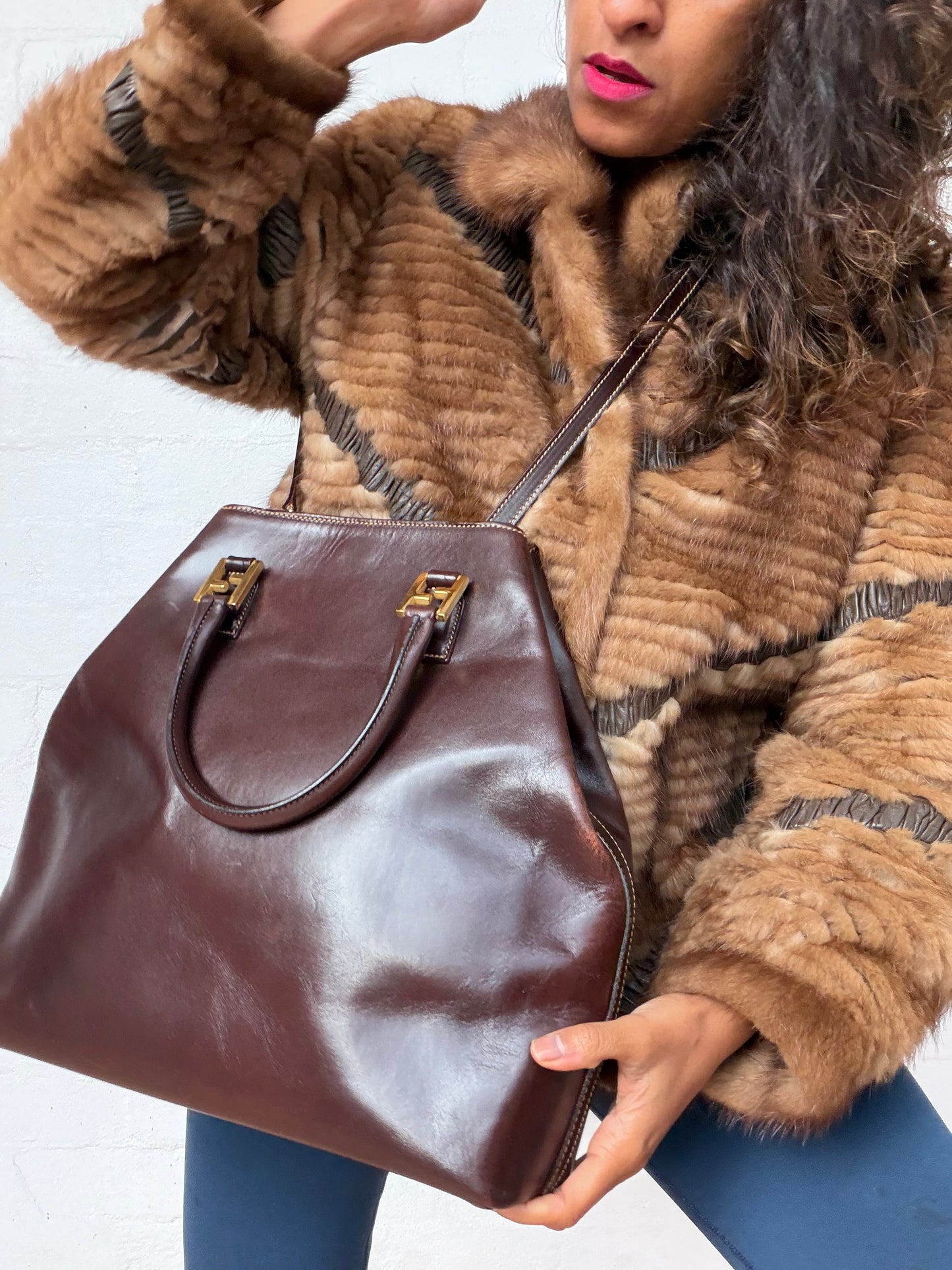 Vintage Fendi 2 in 1 Brown Leather Tote Bag Large