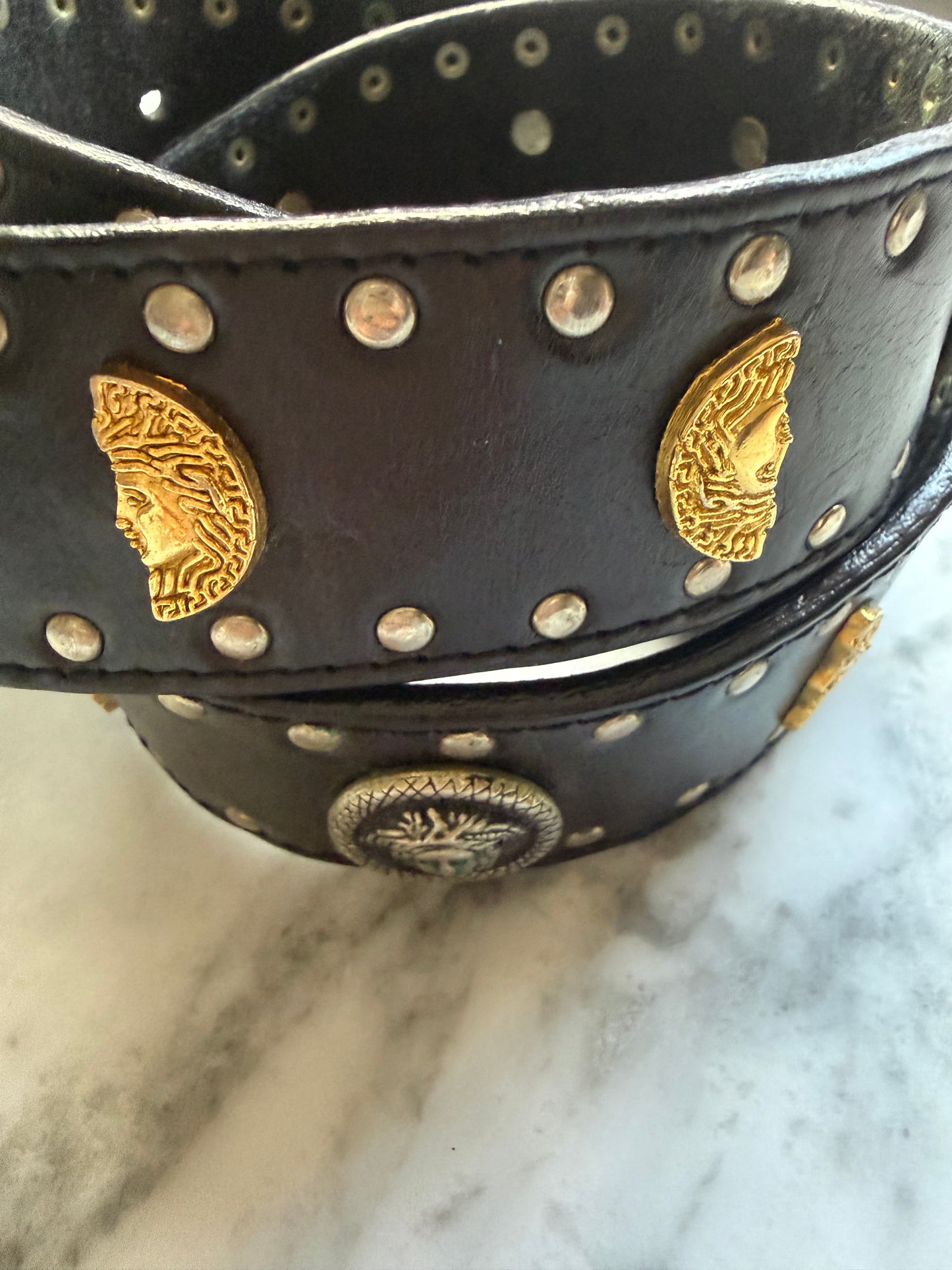 Vintage Studded Medallion Leather Belt
