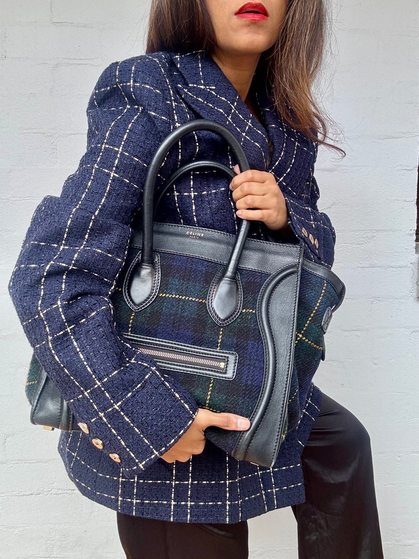CELINE - Smooth Calfskin Tweed Tartan Medium Luggage Bag - Navy