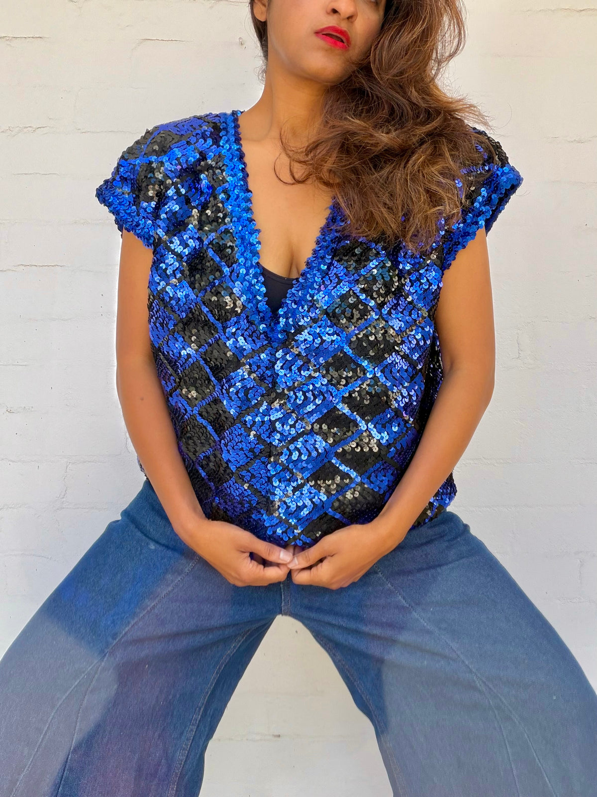 Vintage Sequin Diamond Top - Cobalt & Black