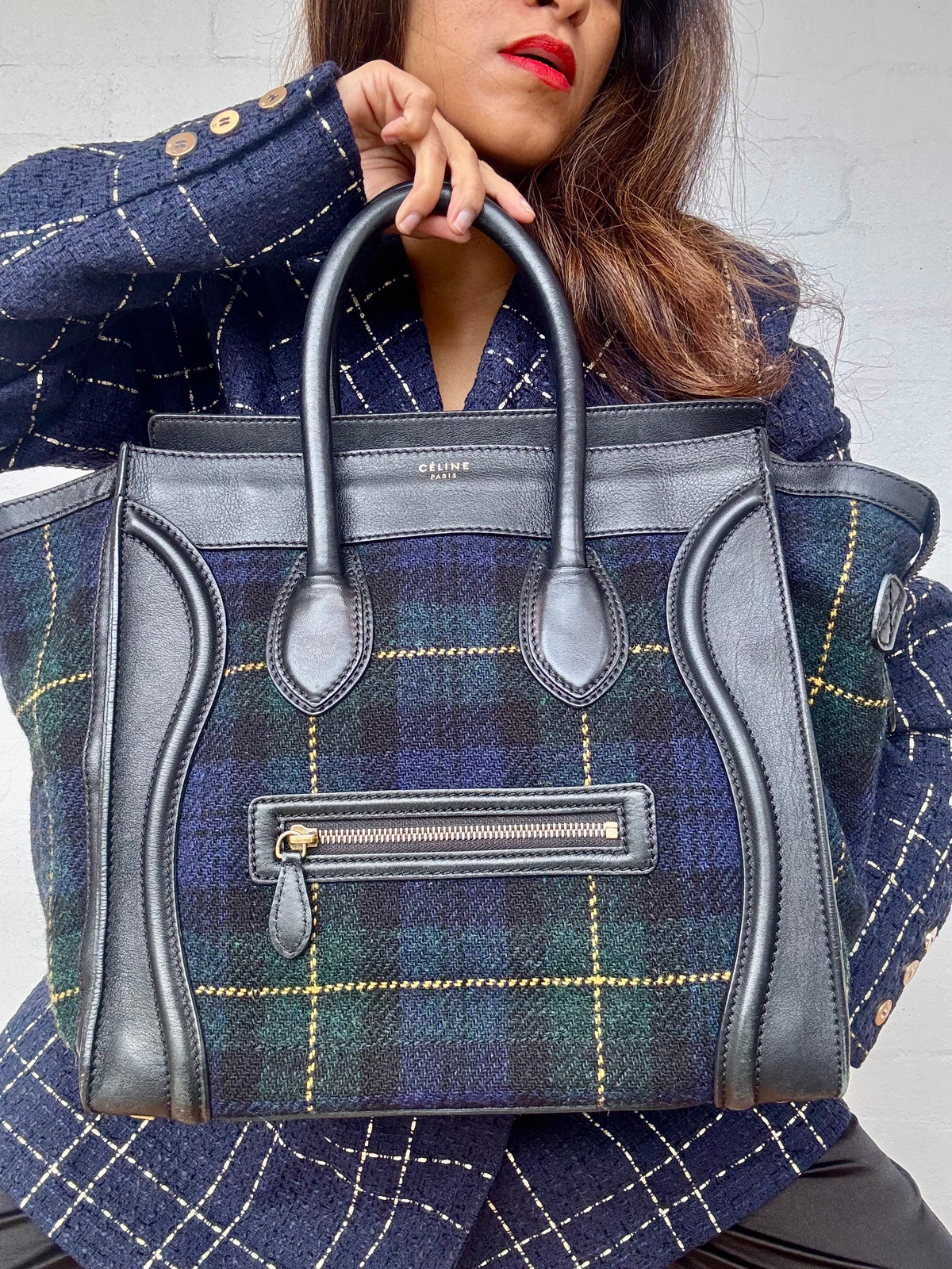 CELINE - Smooth Calfskin Tweed Tartan Medium Luggage Bag - Navy