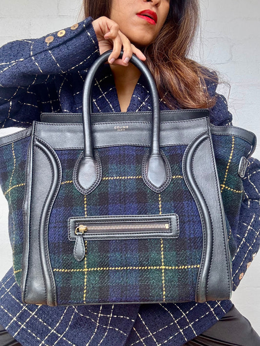 CELINE - Smooth Calfskin Tweed Tartan Medium Luggage Bag - Navy