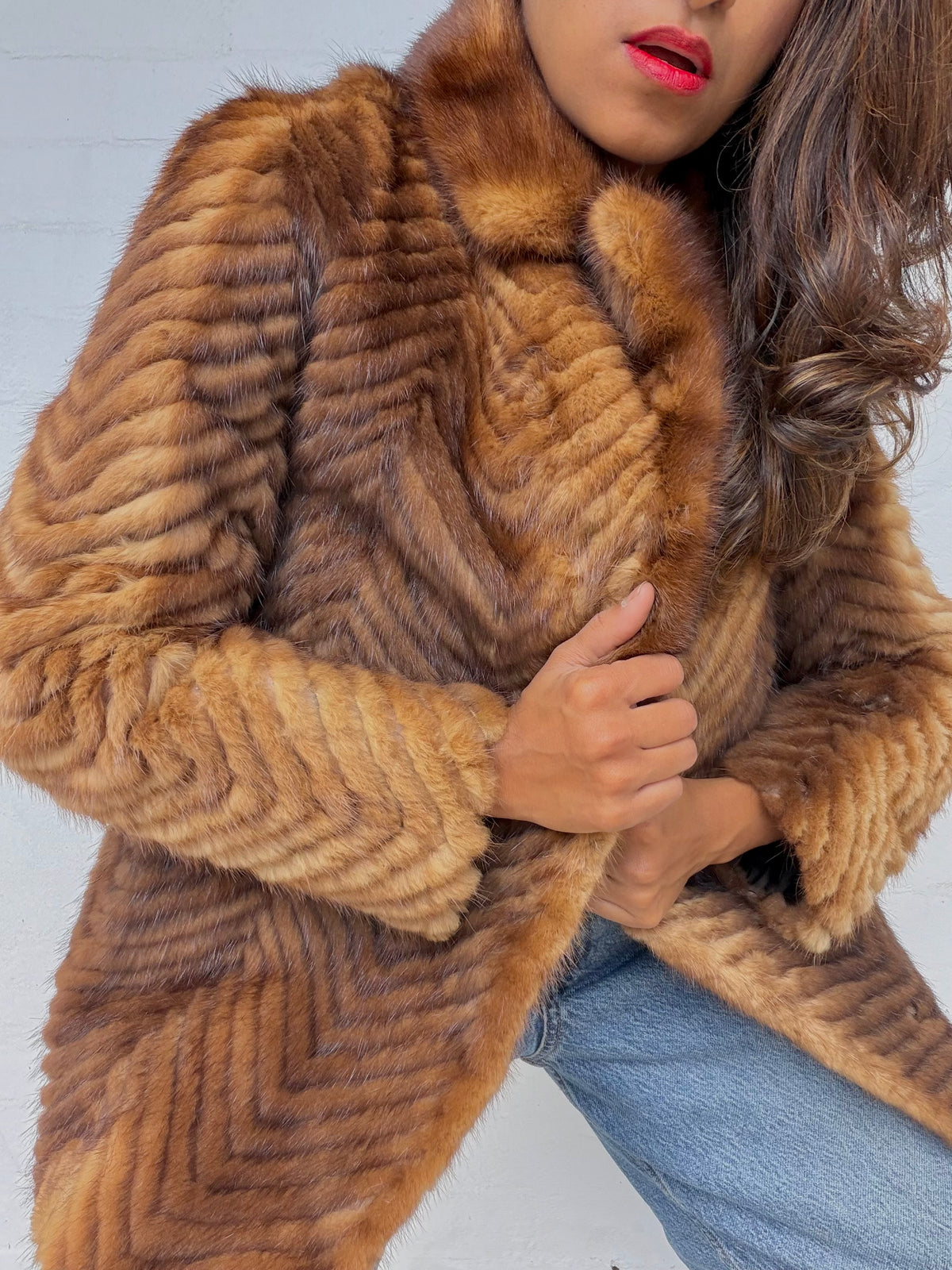 Vintage Mink Herringbone Fur Coat - Brown