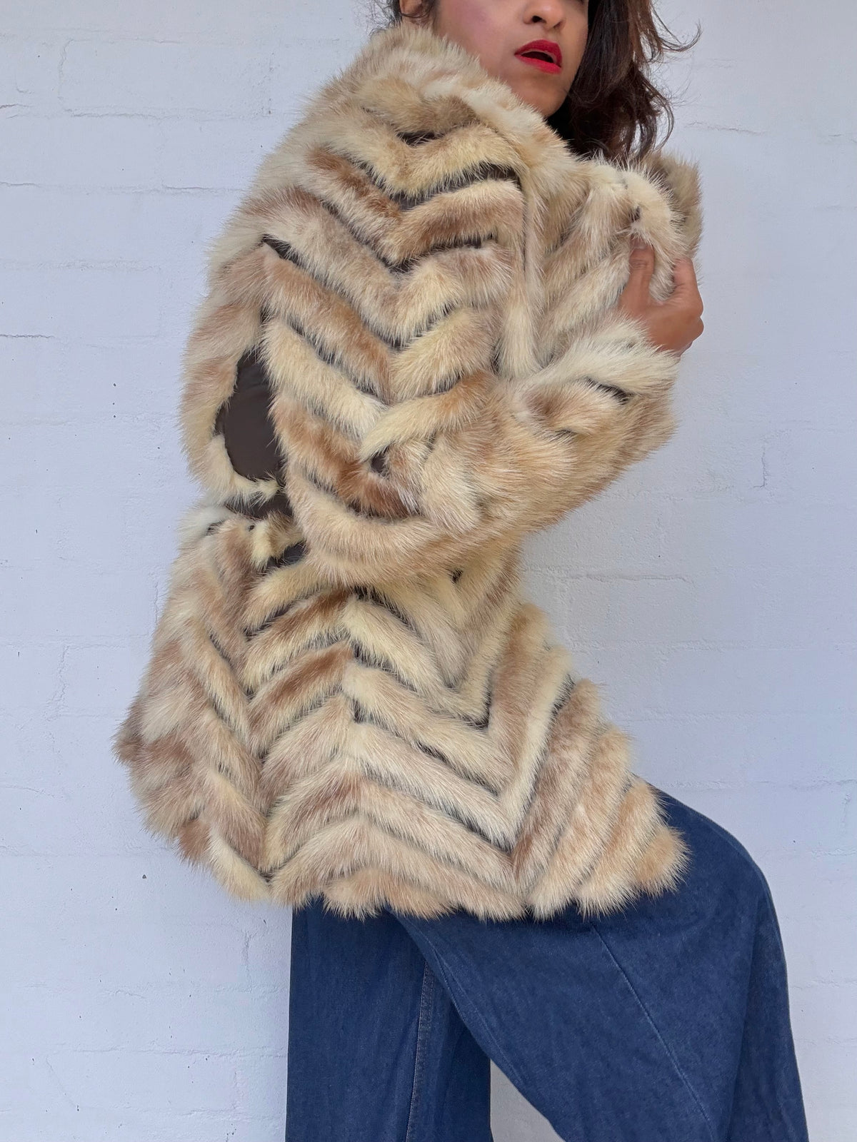 Rare Vintage Mink & Leather Herringbone Fur Coat - Cream & Chocolate