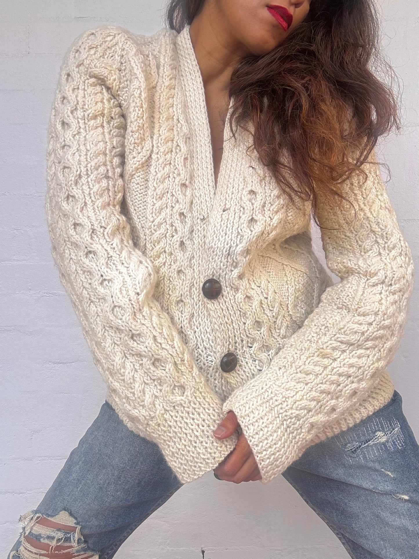 Vintage Irish Aran Knit Cardigan - Cream