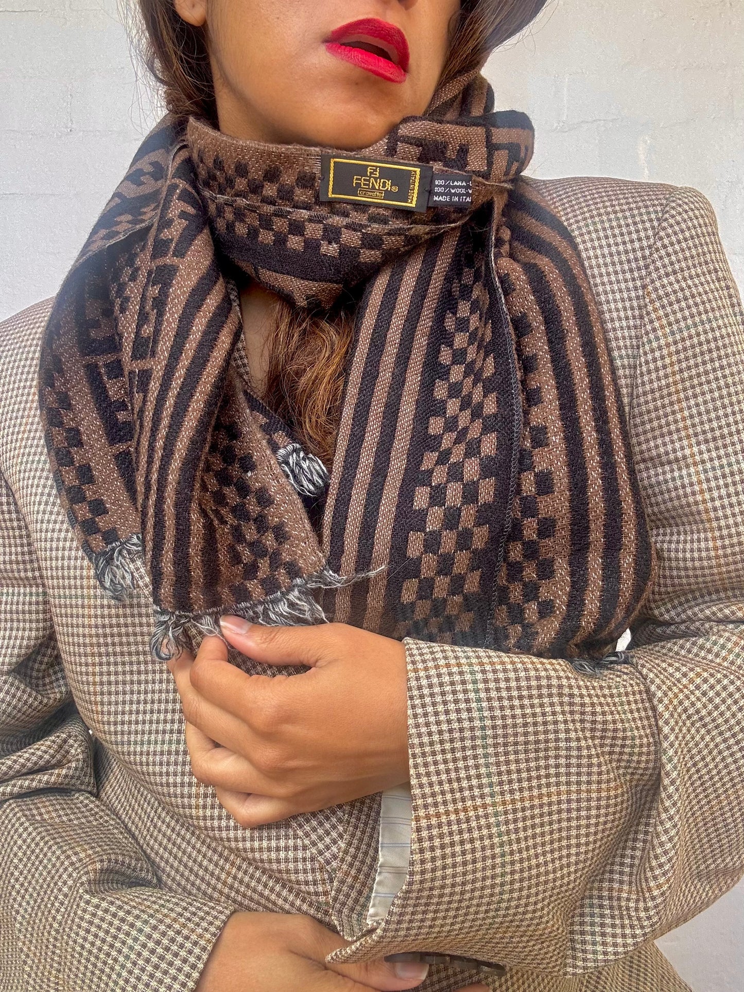 Vintage Fendi Wool Scarf in Black and Dark Brown Zucca Motif